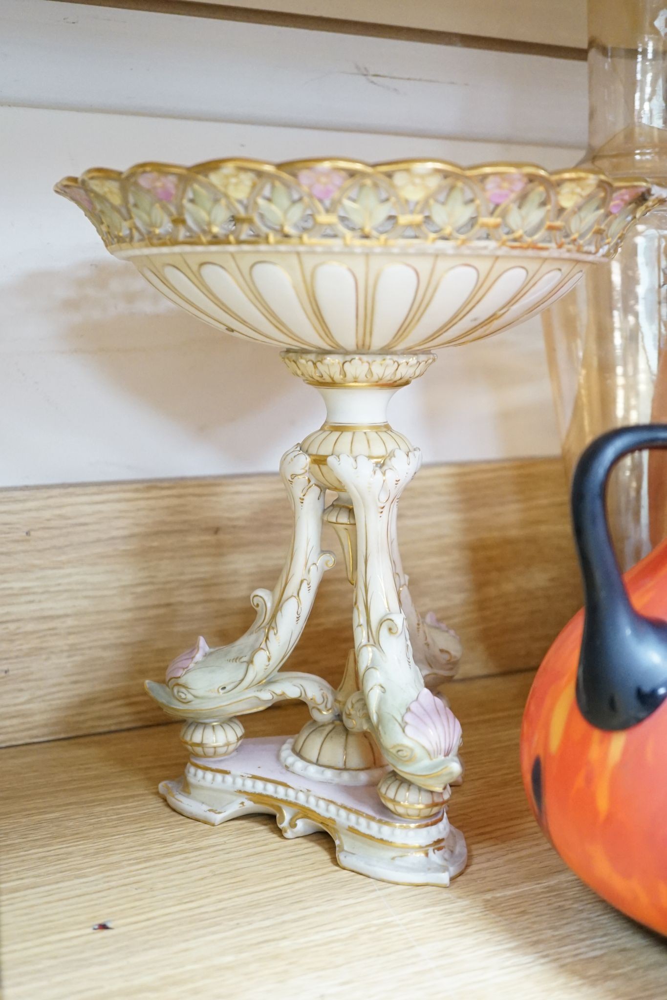 A coloured glass serpent vase and other china and glassware, tallest 38cm